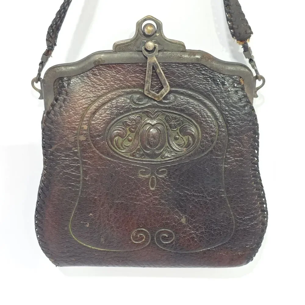 Antique Nocona Hand Tooled Leather Purse Bag Suede Lined Circa 1918 Western Bag